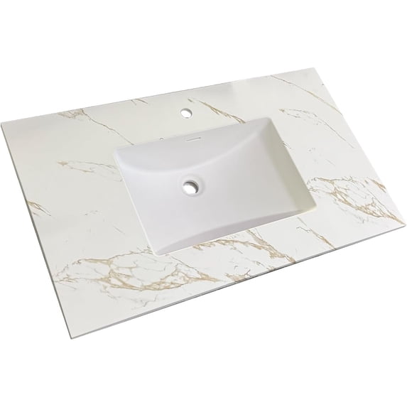37" Solid Surface Polyurethane Resin Streamline Nano Vanity Top With Sink, Durable, Consistent Color, Easy-to-Clean, Built-in Overflow GOLDEN VEIL