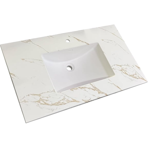 37" Solid Surface Polyurethane Resin Streamline Nano Vanity Top With Sink, Durable, Consistent Color, Easy-to-Clean, Built-in Overflow GOLDEN VEIL