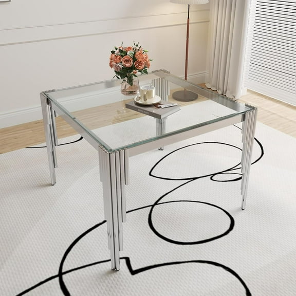 37" Square Clear Tempered Glass Dining Table for 2-4 People, Modern Kitchen Table with Irregular Stainless Steel Legs, Dining Table for Small Space, Apartment Studio, Home Office