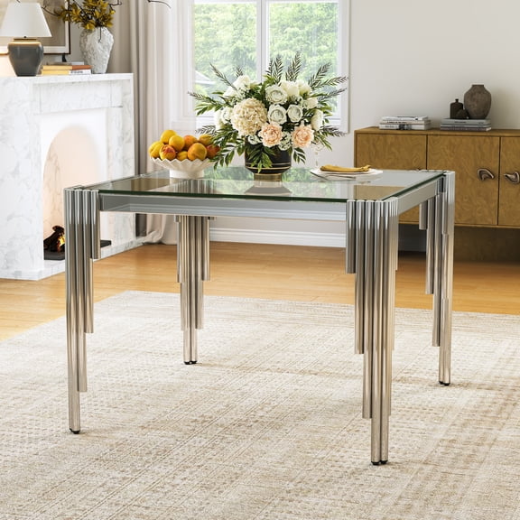 37" Square Clear Tempered Glass Dining Table for 2-4 People, Modern Kitchen Table with Irregular Stainless Steel Legs, Dining Table for Small Space, Apartment Studio, Home Office