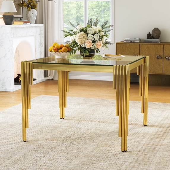 37" Square Clear Tempered Glass Dining Table for 2-4 People, Modern Kitchen Table with Irregular Stainless Steel Legs, Dining Table for Small Space, Apartment Studio, Home Office