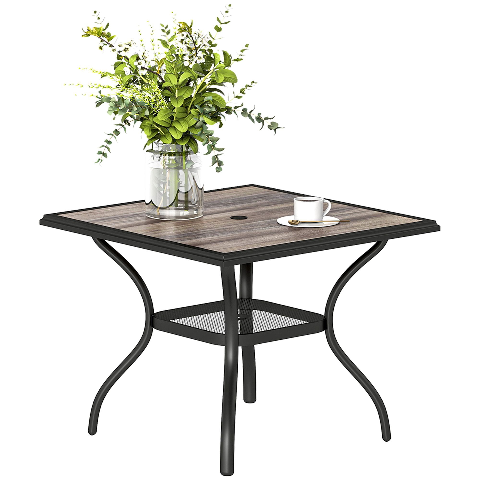 37" Square Outdoor Dining Table for 4, Gray Faux Wood Top Patio Table with Umbrella Hole and Lower Mesh Shelf, Weather-Resistant Steel Frame for Garden, Backyard, and Deck