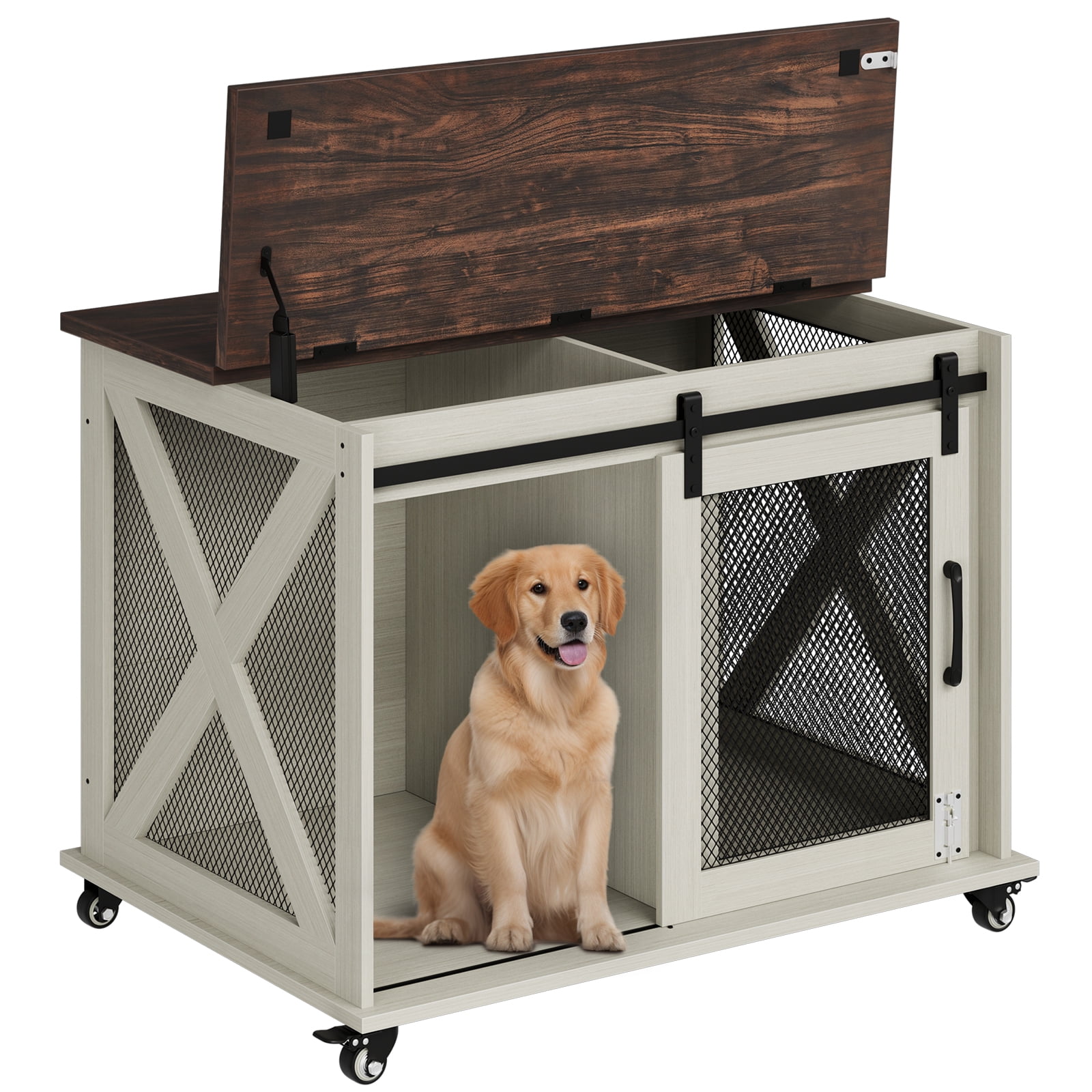 37" Stress-Free Dog Crate with Dual Access | Sliding Barn Door & Flip Top Design Creates a Cozy Den for Your Pet