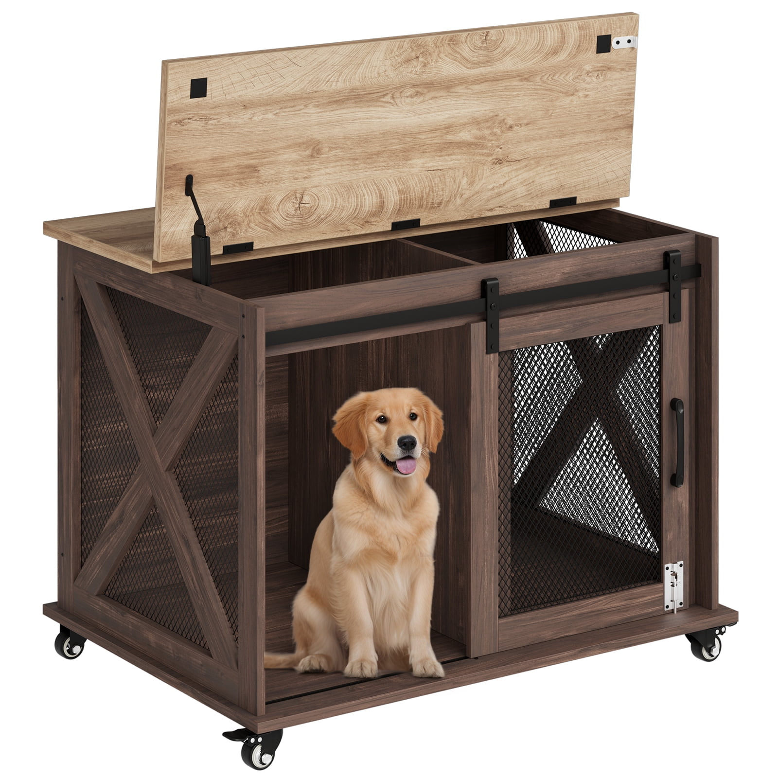 37" Stress-Free Dog Crate with Dual Access | Sliding Barn Door & Flip Top Design Creates a Cozy Den for Your Pet