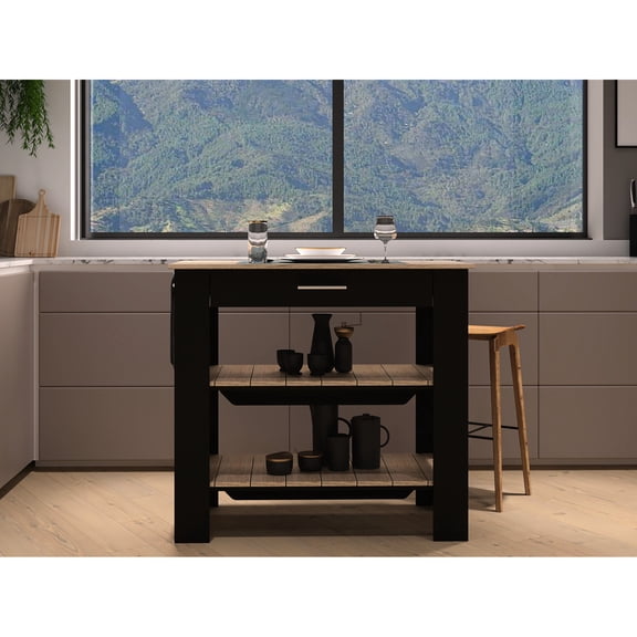 37" Tall Kitchen Island | Breakfast Table and Storage Solution, Two Open Shelves | Particle Board Construction | Handles Storage Shortfall