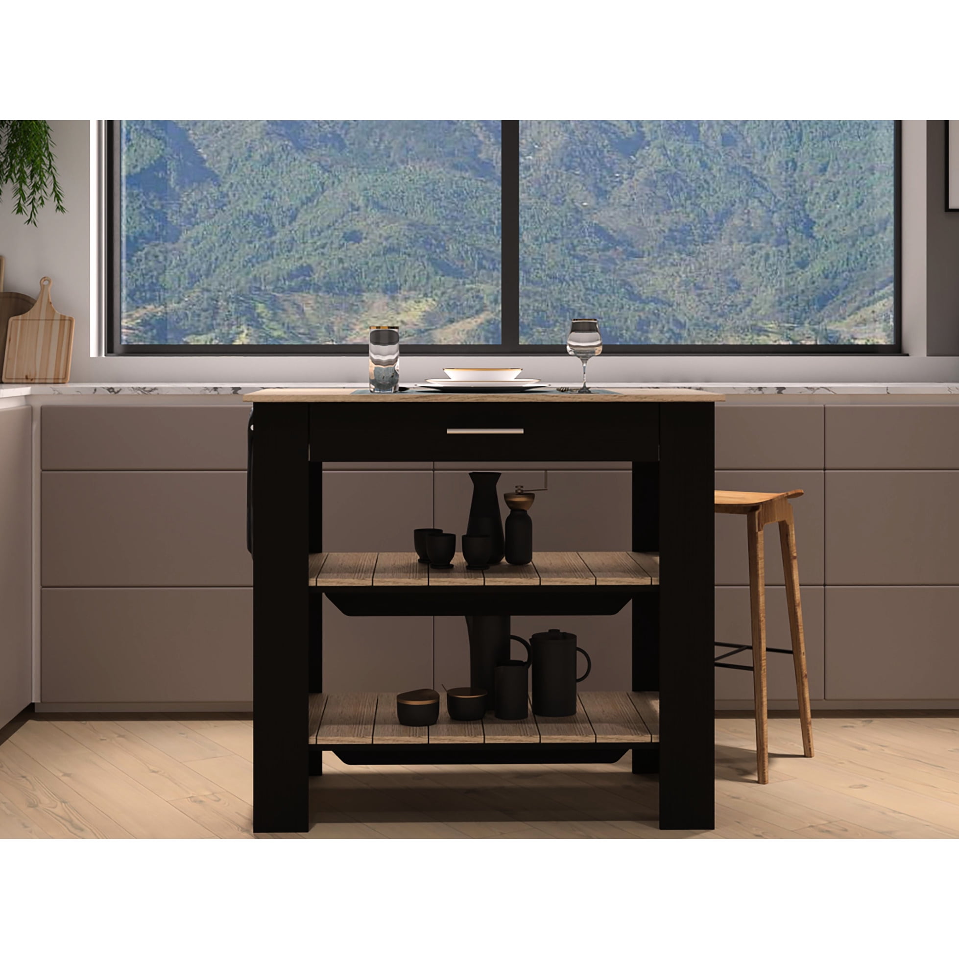 37" Tall Kitchen Island With Shelves & Drawer, Towel Hanger, Black/ Oak ...