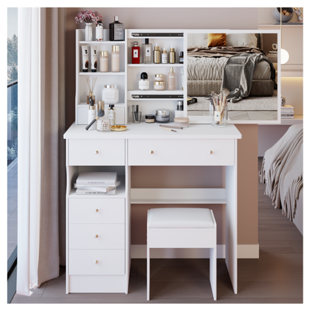 37" Vanity Table Set with Mirror & Stool, Large Makeup Desk with Storage, Dresser Table for Bedroom, Adult Women Girls, Fashionable Cosmetic Organizer