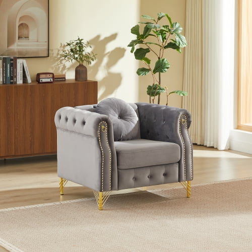 37" Velvet Fabric Modern Mid-Century Accent Armchair, Oversized Accent Chair with Tufted Buttons, Mid-Century Modern Chair with Copper Studs for living room, Grey