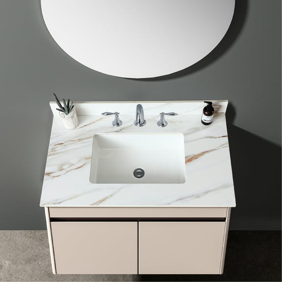 37" White Bathroom Counter - Vanity Top With 8 Inch Faucet Hole 37 Sink Marble Captivating Veins, 4" Backsplash, Hole, To And Daily Wear, Sintered Stone
