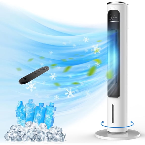 37" Windowless Portable Air Conditioners, 3-in-1 Fan & Humidifier, 4 Modes & 3 Speeds, 12H Timer, 0.7 Gal Tank, 4 Ice Packs, 70 Oscillation, Remote Control for Indoor Use (White)
