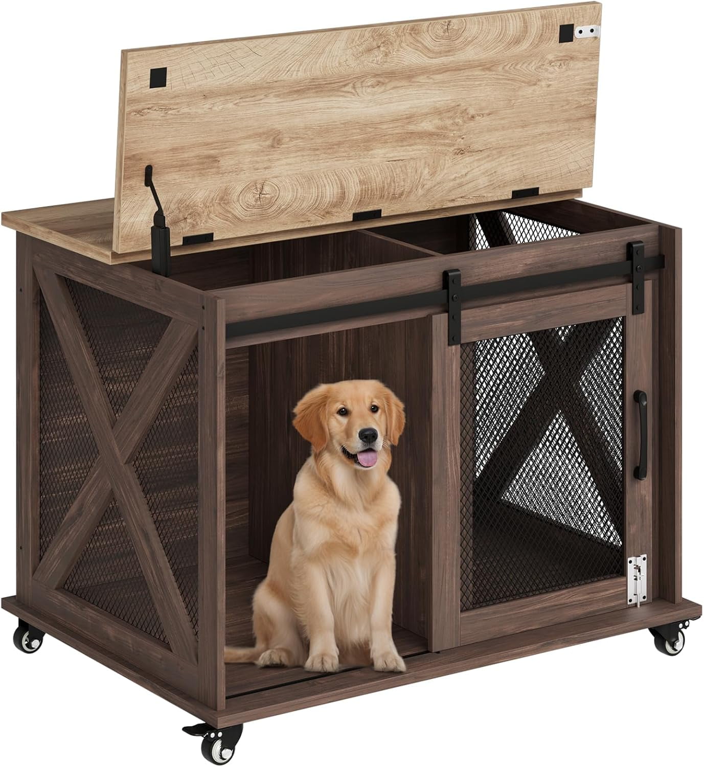 White Rolling Dog Crate Table with Dark Wood Top
