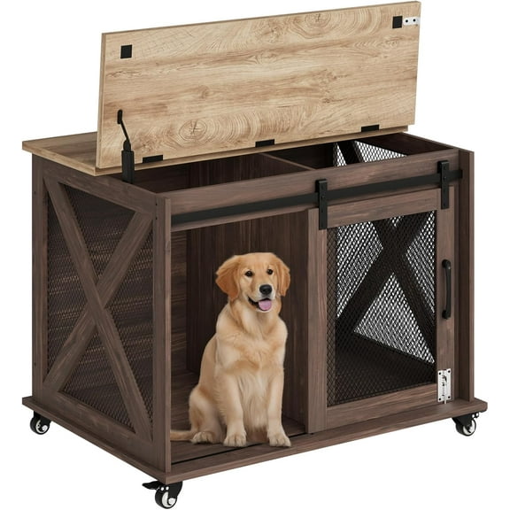 37''Wooden Dog Crate Furniture with Sliding Barn Door,Flip Top Furniture Style Dog Crate End Table with Wheels&Removable Divider,41.14"L x 29.33"W x 6.1"H