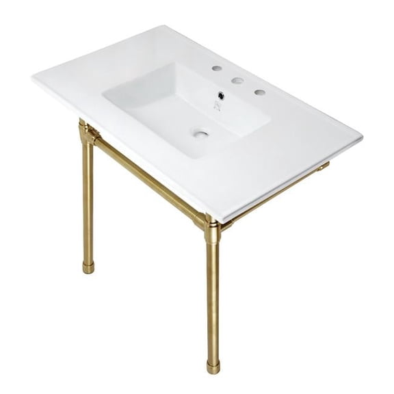 37 in. Dreyfuss Console Sink with Stainless Steel Legs , White & Brushed Brass