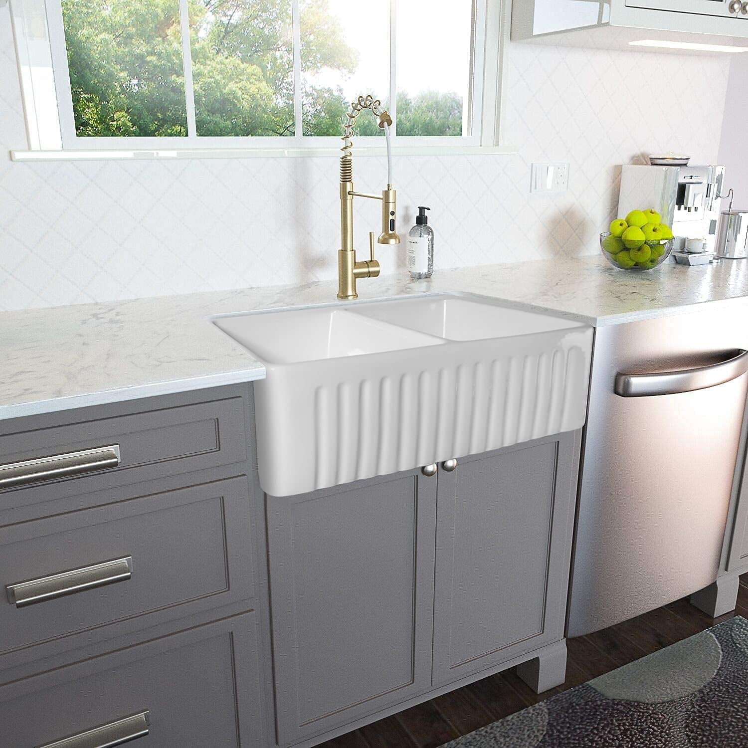 37 in. Farmhouse Kitchen Sinks Double Bowl Apron Undermount Vessel 33"x18"x10" Sink White