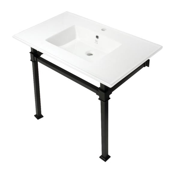37 in. Monarch Console Sink with Stainless Steel Legs - Single Faucet Hole, White & Matte Black