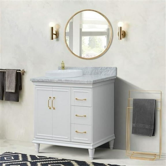 37 in. Single Round Sink Vanity with Carrara Marble Top, White - Left Door & Sink