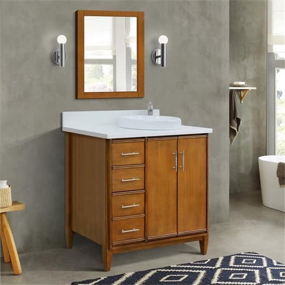 37 in. Single Round Sink Vanity with Quartz Top, Walnut & White - Right Door & Sink