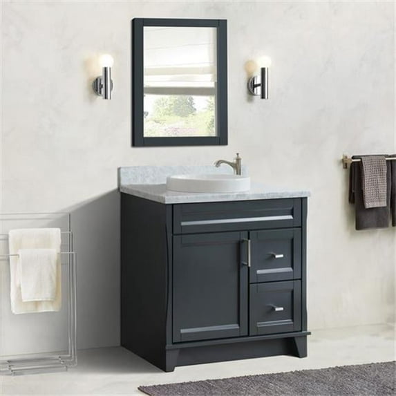 37 in. Single Sink Vanity with Carrara Marble Top, Dark Gray & White - Left Door & Round Center Sink