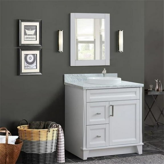 37 in. Single Sink Vanity with Carrara Marble Top, White - Center Round Sink & Right Drawers