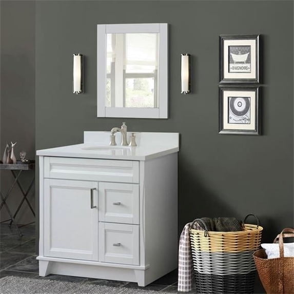 37 in. Single Sink Vanity with Quartz Top, White - Left Door & Center Sink