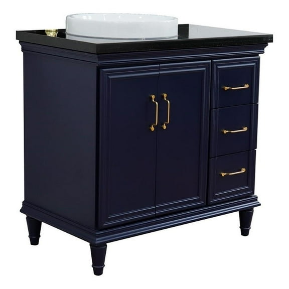 37 in. Single Wooden Vanity  Blue Black Galaxy Round Left Door.Left Sink