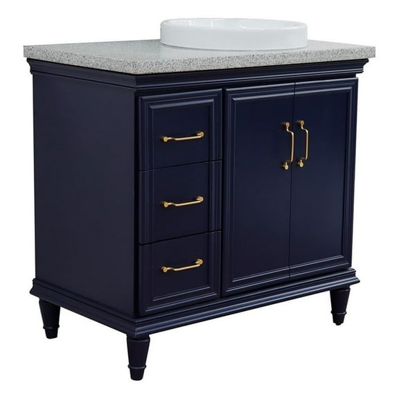 37 in. Single Wooden Vanity  Blue Gray Granite Round Right Door.Right Sink