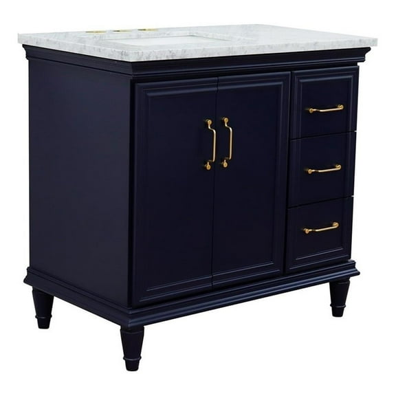 37 in. Single Wooden Vanity  Blue White Carrara Rectangle Left Door.Left Sink