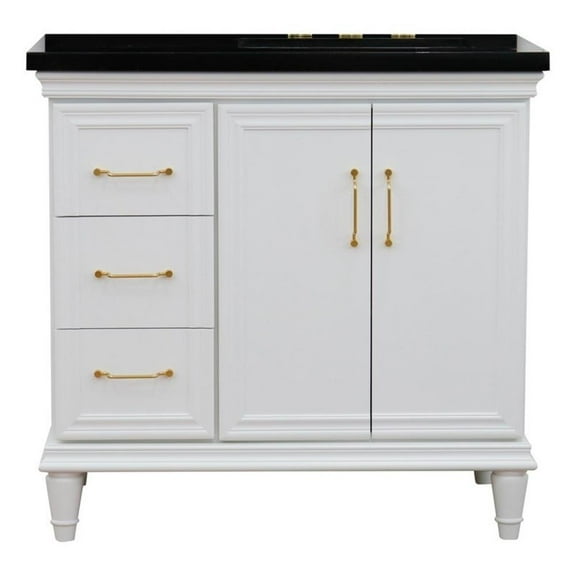 37 in. Single Wooden Vanity  White Black Galaxy Rectangle Right Door.Right Sink