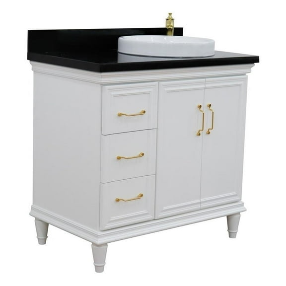 37 in. Single Wooden Vanity  White Black Galaxy Round Right Door.Right Sink