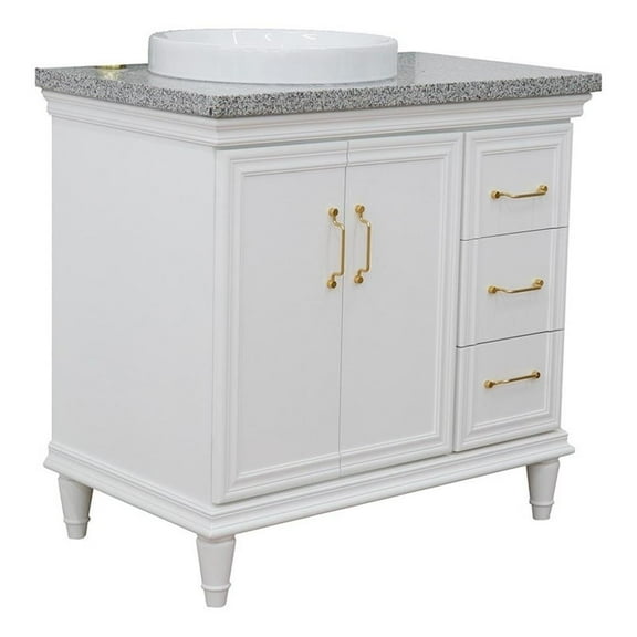 37 in. Single Wooden Vanity  White Gray Granite Round Left Door.Left Sink