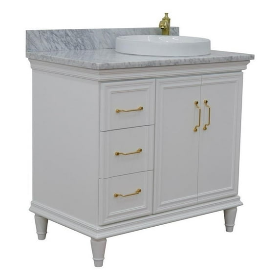37 in. Single Wooden Vanity White White Carrara Round Right Door.Right Sink