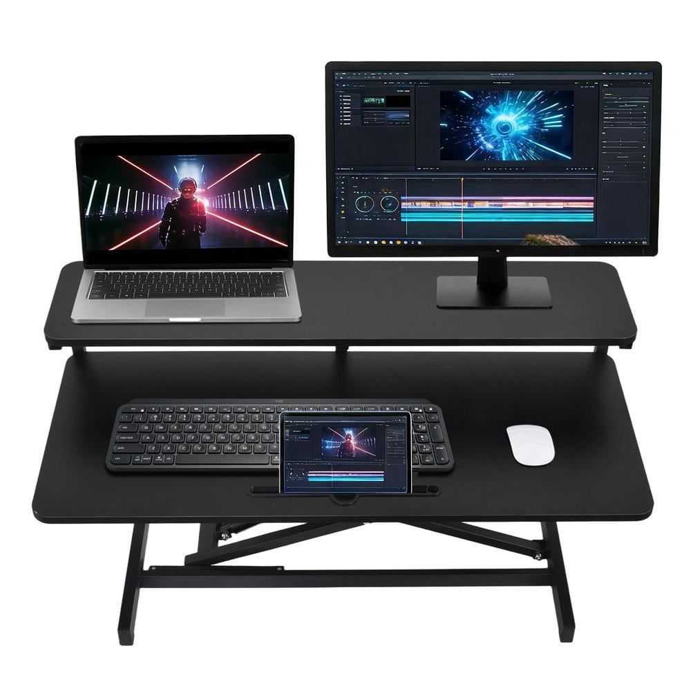 37 inch Desk Converter, Height Adjustable Sit to Stand Riser, Duals Monitor and Laptop Workstation with Wide Keyboard Tray, Black