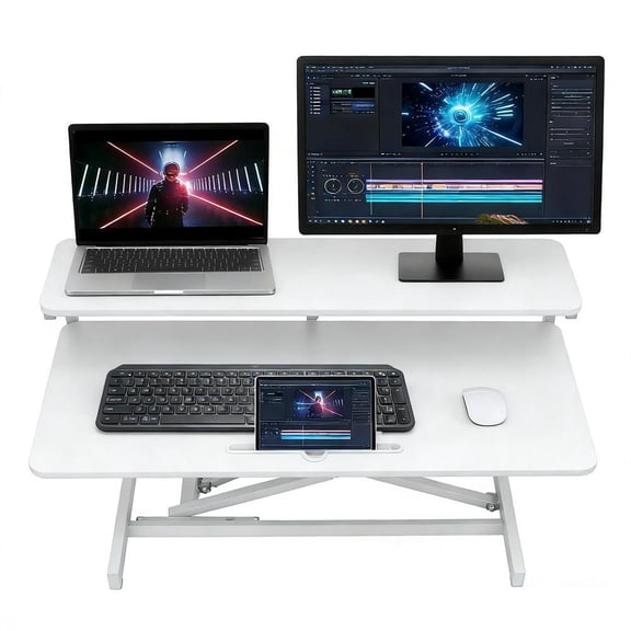 37 inch Desk Converter, Height Adjustable Sit to Stand Riser, Duals Monitor and Laptop Workstation with Wide Keyboard Tray, Black