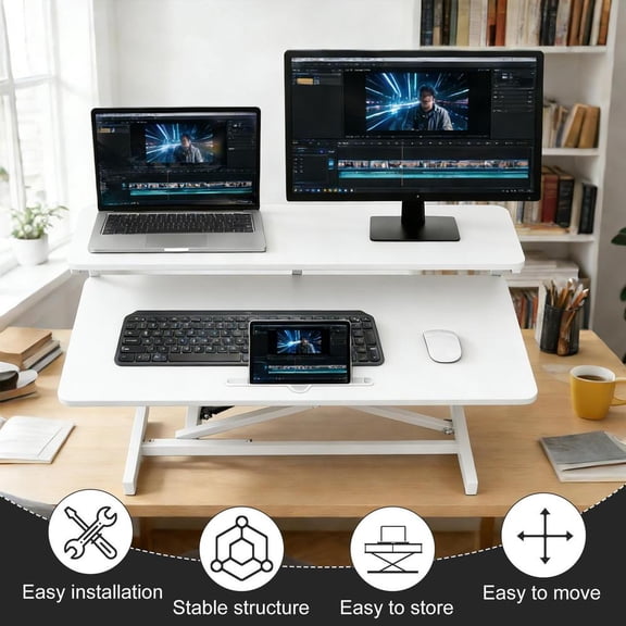 37 inch Desk Converter, Height Adjustable Sit to Stand Riser, Monitor and Laptop Workstation with Wide Keyboard Tray, Black