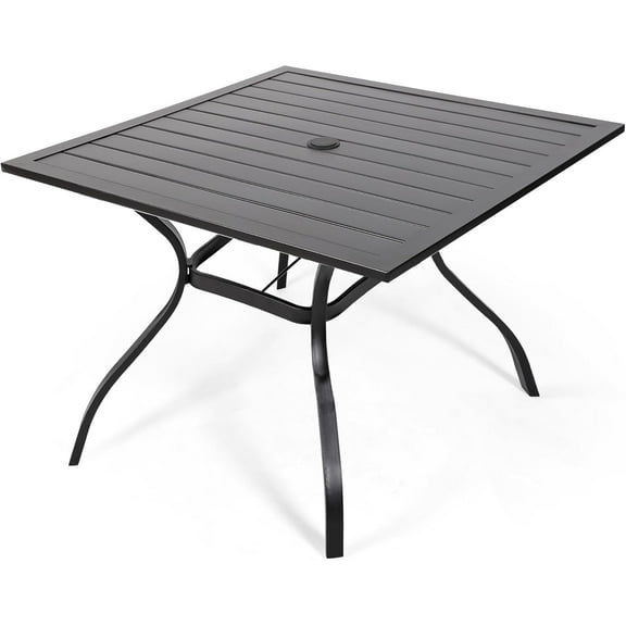 37 inch Square Patio Dining Table for 4 Person with Umbrella Hole for Outdoor Backyard Bistro Garden - Black Metal Steel Slat
