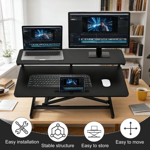 37-inch Standing Desk Converter Height Adjustable Sit to Stand Up Workstation, Duals Monitor and Laptop Riser with Wide Keyboard Tray, for Home, School, Company, Black