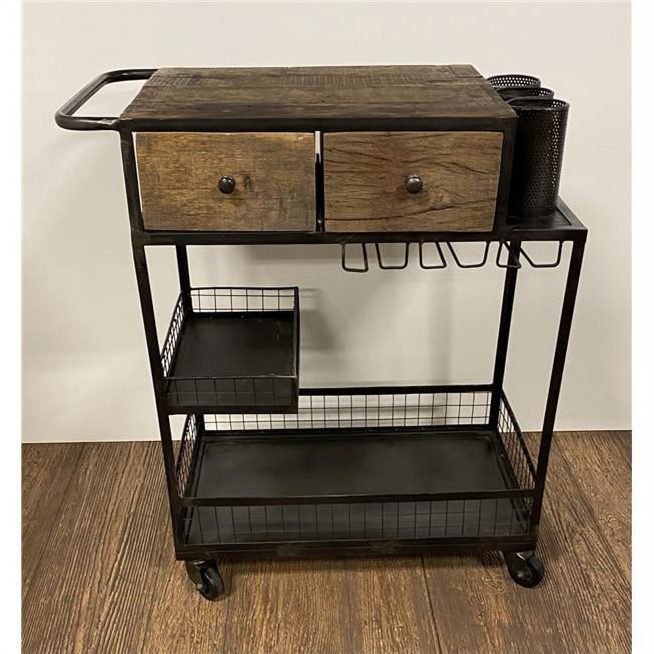 Rustic Black & Natural Wood Bar Cart with Wine Rack and Storage