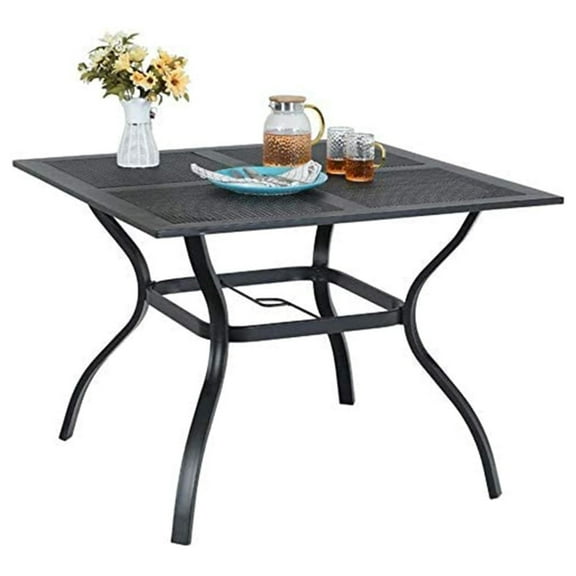 37" x 37" Square Outdoor Dining Table Patio Bistro Table Powder-Coated Steel Frame Top Umbrella Stand Deck Outdoor Furniture Garden Table, Black