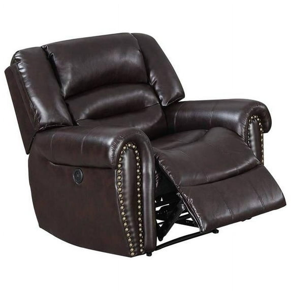 37 x 41 x 39 in. Nailhead Trim Leatherette Power Recliner, Brown