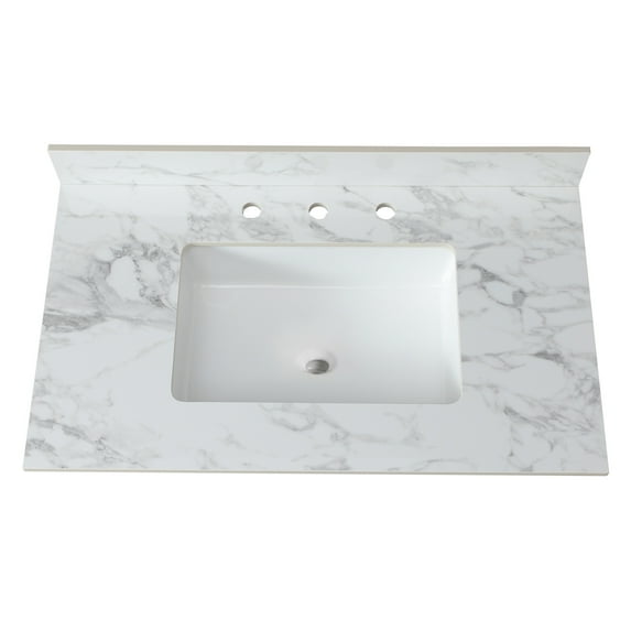 37"x22" Bathroom Sink Vanity Top - Sintered Stone White, Ceramic Undermount Basin, And Attractive, American Style White Counter With Rectangular 3 Faucet Holes