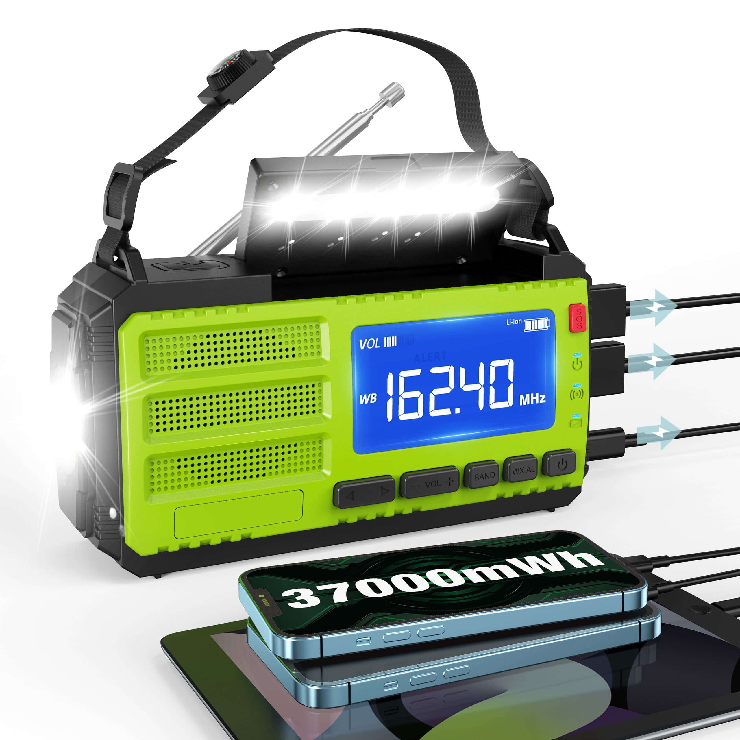 37000mWh Hand Crank Emergency Radio, AM FM NOAA Weather Alert Radio, Portable, Solar, 4 Charging Methods, 3-Mode Flashlight, Reading Lamp, SOS Alarm, Phone Charger for Winter Storm Emergency
