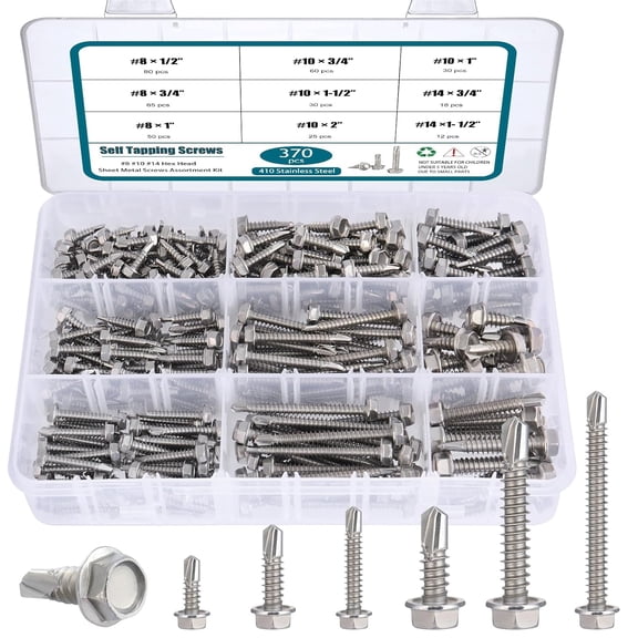 370Pcs #8 #10 #14 Self Drilling Screws Assortment Kit, 410 Stainless Steel Hex Washer Head Self Tapping Sheet Metal Screws, 1/2" 3/4" 1" 1-1/2" 2" for Metal Wood Plastic