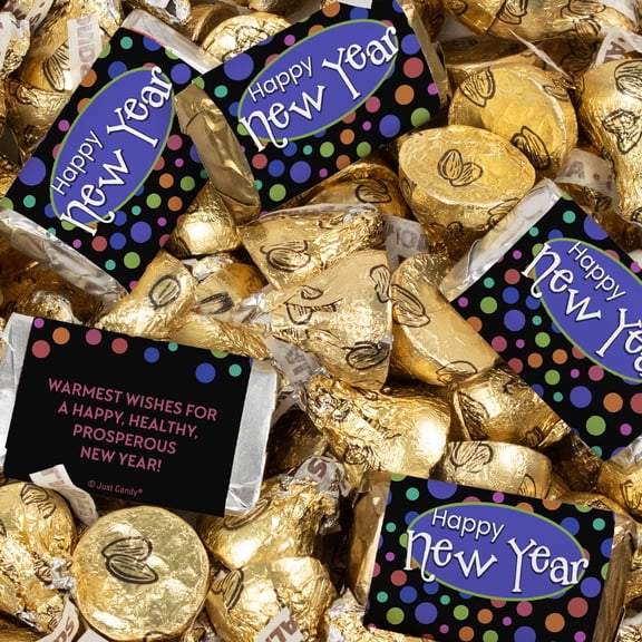 372ct Happy New Year Assorted Chocolate Candy Mix - Wrapped Miniatures & Gold Almond Kisses