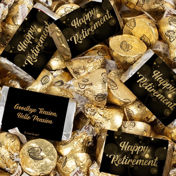 372ct Happy Retirement Black & Gold Candy Mix - Wrapped Miniatures & Gold Almond Chocolate Kisses