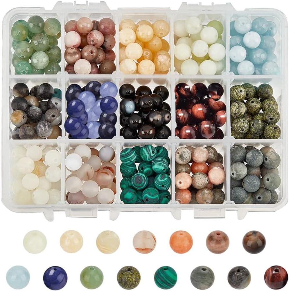 375 Pcs 15 Styles Natural Gemstone Beads 8mm Mixed Stone Spacer Beads Natural Round Loose Beads Engry Crystals Gemstone Beading for DIY Bracelet Necklaces Jewelry Making colorful