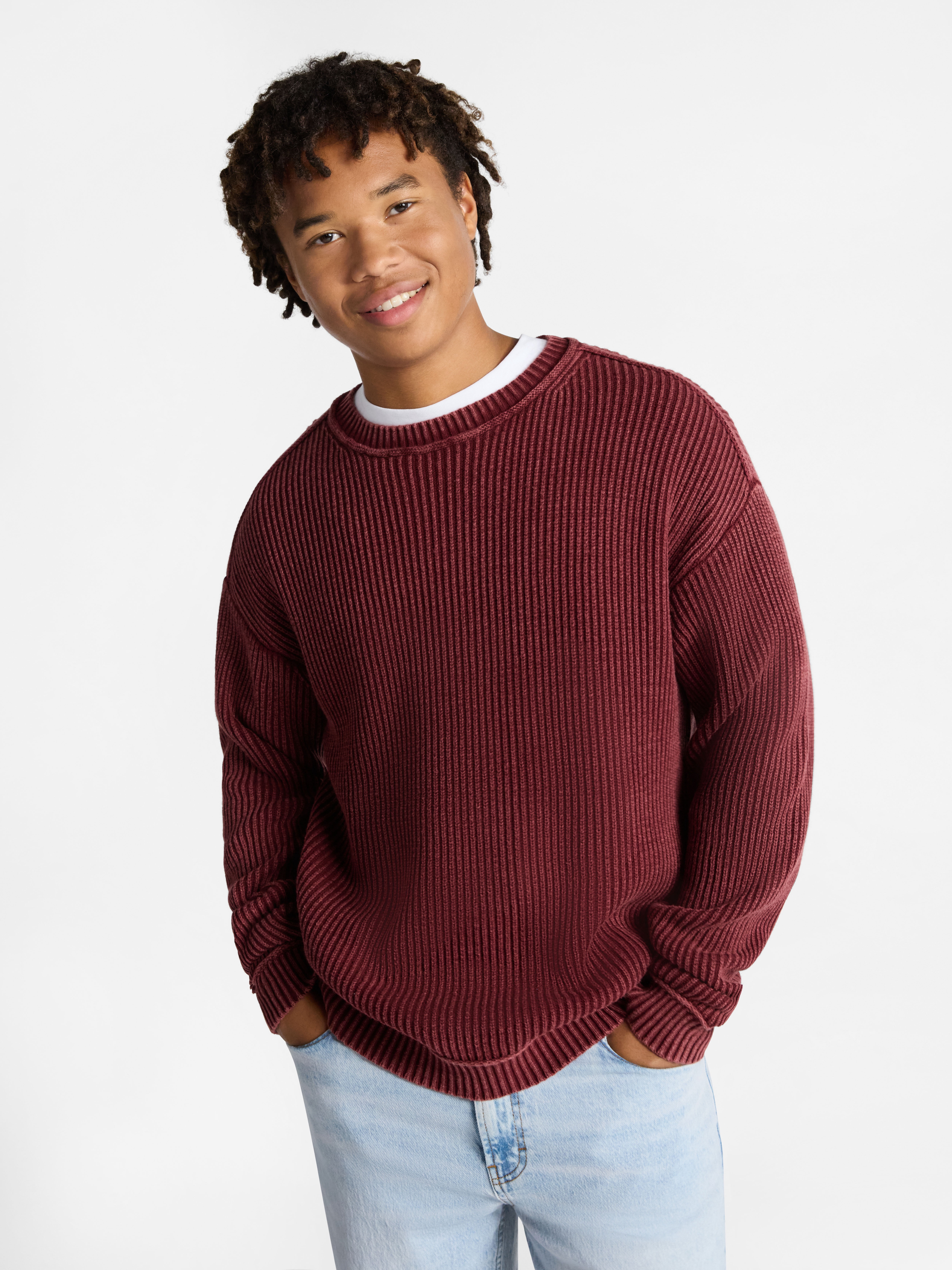 No Boundaries Ribbed Crewneck Sweater with Long Sleeves, Men's XS-3XL