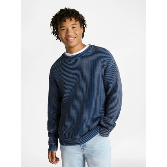 No Boundaries Ribbed Crewneck Sweater with Long Sleeves, Men's