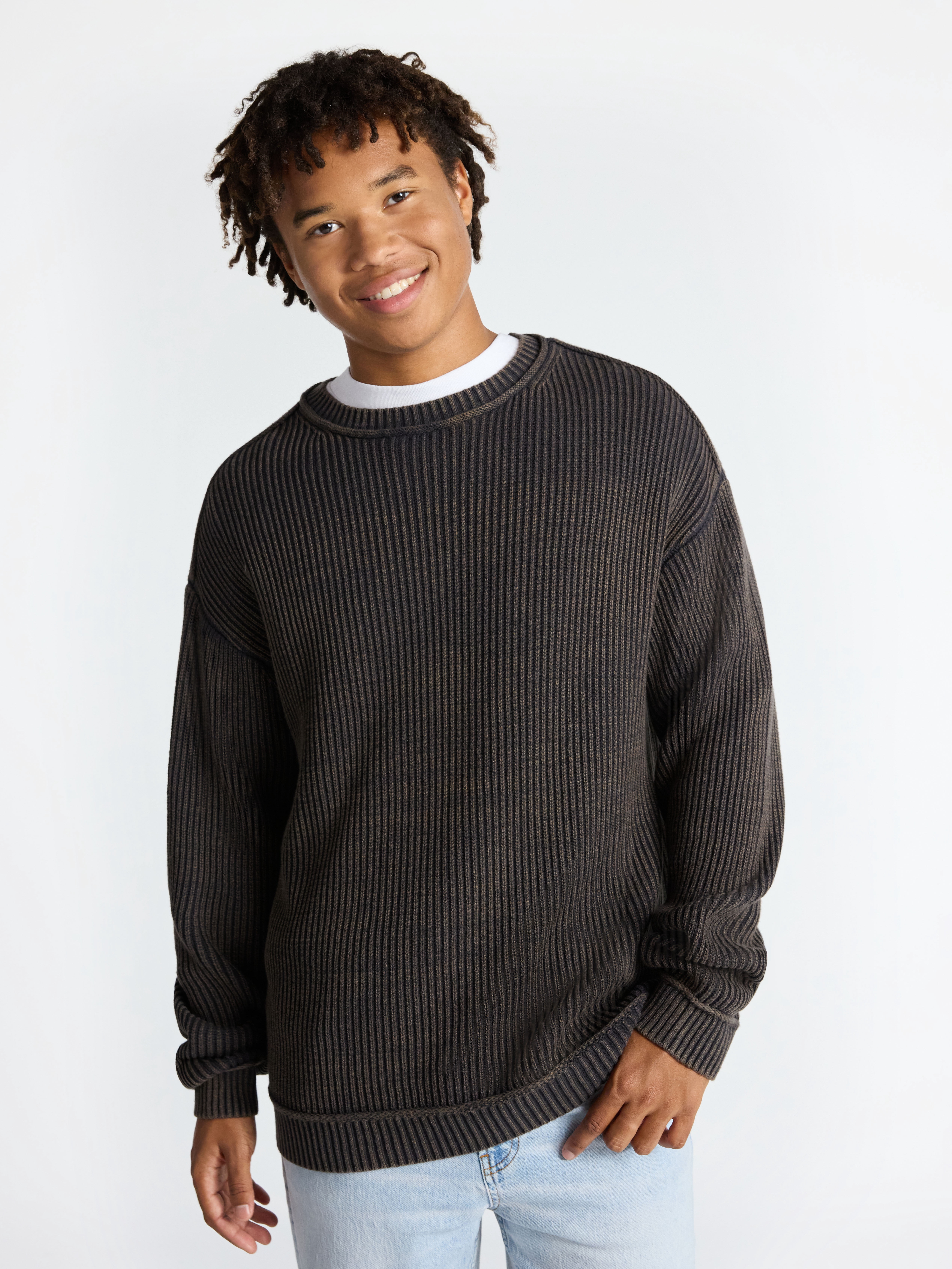 No Boundaries Ribbed Crewneck Sweater with Long Sleeves, Men's XS-3XL