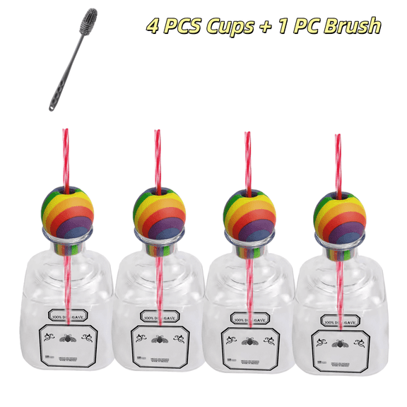 375ml Patron Reusable Cups with Straw and Cleaning Brush, Empty Acrylic Liquor Bottle Clear Cup Hole Mini Empty Tequila Drinks Bottles for Champagne Party Favors Wedding