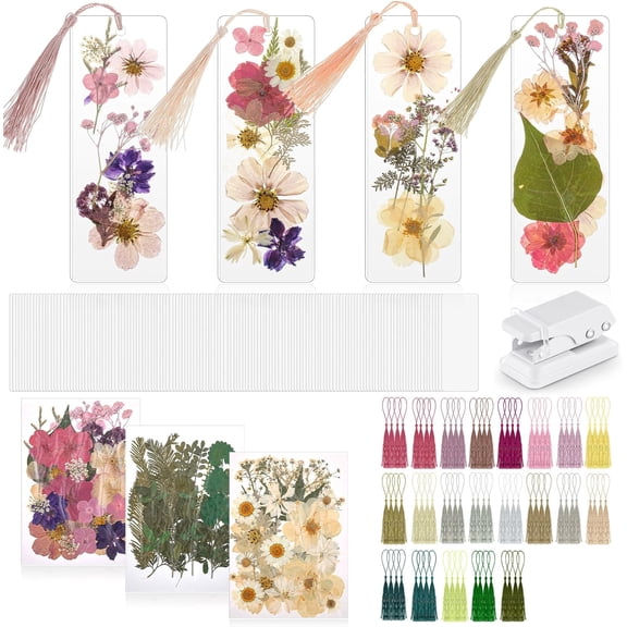376 Pcs Dried Flower Bookmark Making Kit, DIY Bookmark Laminating Pouches with Tassels and Puncher DIY Project Gifts for Women Night Out Craft Book Lovers (Boho Color,2 x 6 Inch)